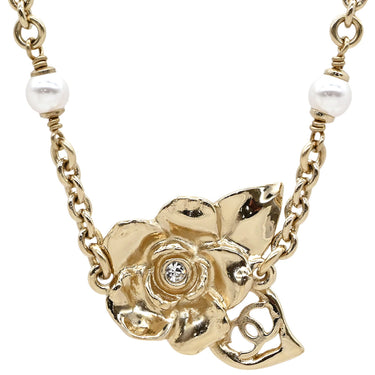 シャネル CHANEL カメリアモチーフ ABE419 ゴールド GP フェイクパール ストラス ネックレス CCマーク チョーカー 花 2024AW シャンパンゴールド