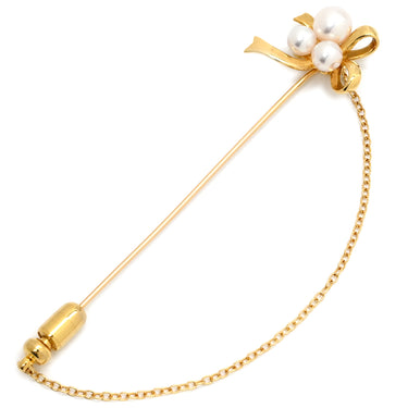 ミキモト MIKIMOTO あこやパール ピンブローチ リボンモチーフ パールホワイト×イエローゴールド K18YG パール GP(留め具) ブローチ 3P 真珠 チェーン ハットピン