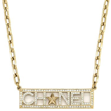 シャネル CHANEL ロゴプレート ゴールド GP ラインストーン ネックレス スター ラインストーン チョーカー シャンパンゴールド