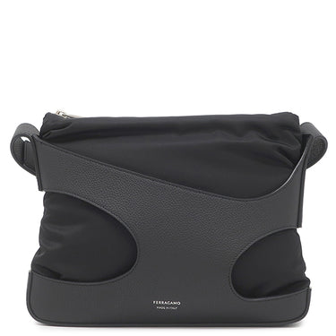 サルヴァトーレ・フェラガモ Salvatore Ferragamo カットアウト 241499 ブラック ナイロン レザー ショルダーバッグ シルバー金具 黒 斜め掛け