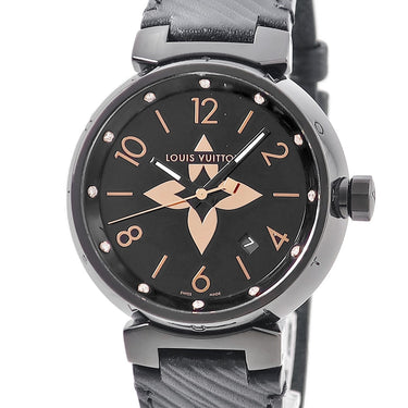 腕時計 ルイヴィトン Louis Vuitton タンブール オールブラック GM QA049Z クオーツ メンズ 純正ダイヤ 黒 ブラックPVD モノグラムフラワー