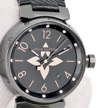 腕時計 ルイヴィトン Louis Vuitton タンブール オールブラック GM QA049Z クオーツ メンズ 純正ダイヤ 黒 ブラックPVD モノグラムフラワー