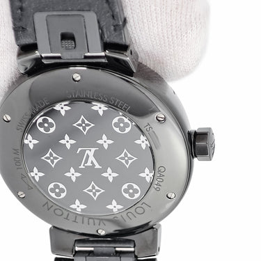 腕時計 ルイヴィトン Louis Vuitton タンブール オールブラック GM QA049Z クオーツ メンズ 純正ダイヤ 黒 ブラックPVD モノグラムフラワー