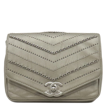 シャネル CHANEL シェブロ チェーン ショルダー シルバーグレー レザー ショルダーバッグ ココマーク エンベロープ