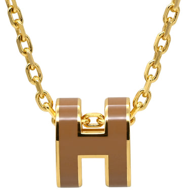 エルメス HERMES ポップアッシュ ミニ ペンダント ニューゴールド×ゴールド GP ラッカー ネックレス Hモチーフ 茶 新品 未使用