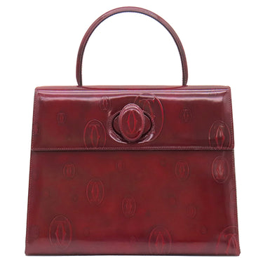 カルティエ Cartier ハッピー バースデー L1000247 ボルドー レザー ハンドバッグ シルバー金具 赤 ドゥーブルC ロゴ 総柄