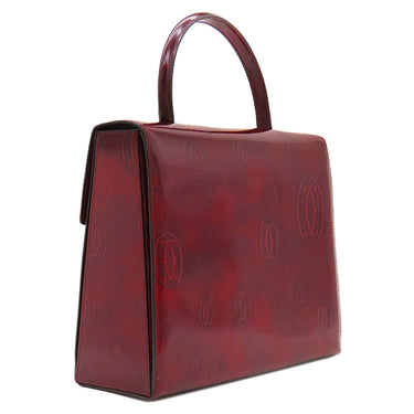 カルティエ Cartier ハッピー バースデー L1000247 ボルドー レザー ハンドバッグ シルバー金具 赤 ドゥーブルC ロゴ 総柄