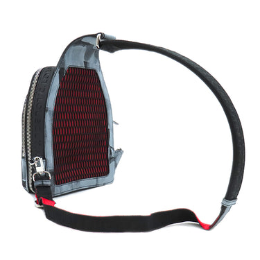 クリスチャンルブタン Christian Louboutin ルビファンク ブルー レザー ラバー ボディバッグ シルバー金具 ブルーグレー 赤 ロゴ スパイクスタッズ グラフィック