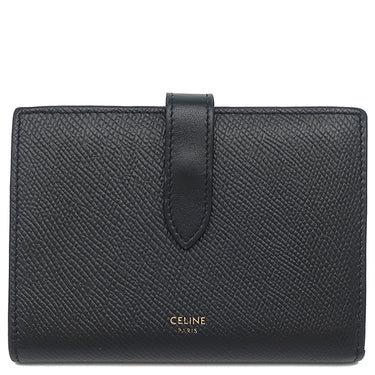 セリーヌ CELINE ミディアム ストラップウォレット 10B643 ブラック レザー 二つ折り財布 ゴールド金具 黒 ロゴ コンパクトウォレット
