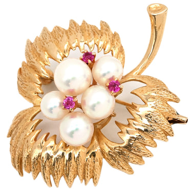 タサキ TASAKI あこやパール ルビー デザイン ホワイトゴールド×レッド×ピンクゴールド K14PG パール ルビー ブローチ リーフ 実 植物 14K 真珠 ラウンドシェイプ