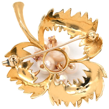 タサキ TASAKI あこやパール ルビー デザイン ホワイトゴールド×レッド×ピンクゴールド K14PG パール ルビー ブローチ リーフ 実 植物 14K 真珠 ラウンドシェイプ