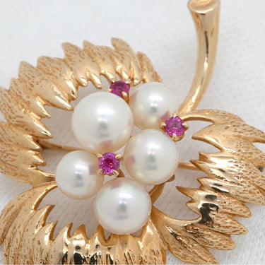 タサキ TASAKI あこやパール ルビー デザイン ホワイトゴールド×レッド×ピンクゴールド K14PG パール ルビー ブローチ リーフ 実 植物 14K 真珠 ラウンドシェイプ