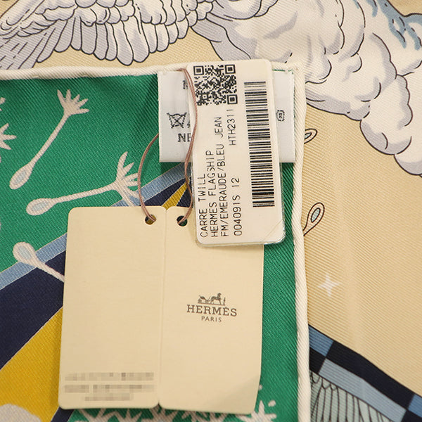 エルメス HERMES カレ90 CARRE エメラルド×ブルージーン シルク