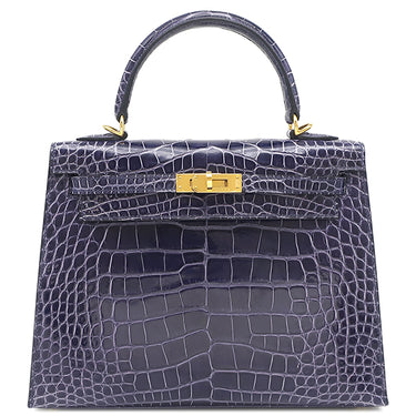 エルメス HERMES ケリー25 外縫い ブルーアンクル アリゲーター 2WAYバッグ ゴールド金具 クロコ ショルダー シャイン