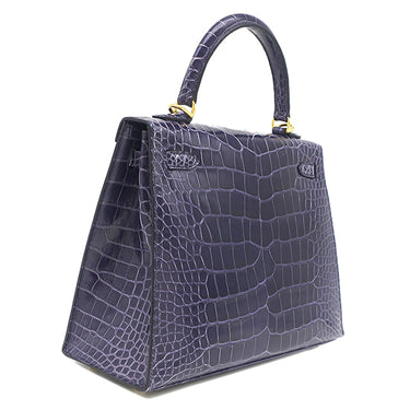 エルメス HERMES ケリー25 外縫い ブルーアンクル アリゲーター 2WAYバッグ ゴールド金具 クロコ ショルダー シャイン