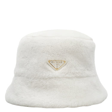 プラダ PRADA シアリング バケットハット 1HC137 ホワイト シープスキン シープファー 14037 ハット 白 三角ロゴ バケハ ファー