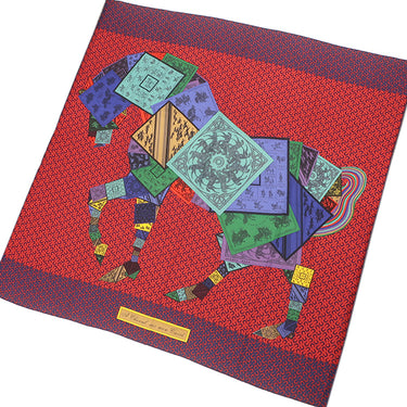 エルメス HERMES カレ140 カレジェアン レッド×ネイビー×マルチカラー カシミヤ シルク スカーフ 【A CHEVAL SUR MON CARRE/カレの馬に乗って】