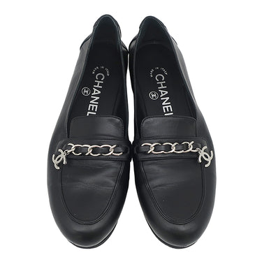 シャネル CHANEL ココマーク チェーン ローファー G34827 ブラック レザー ＃36 1/2 ローファー シルバー金具 黒