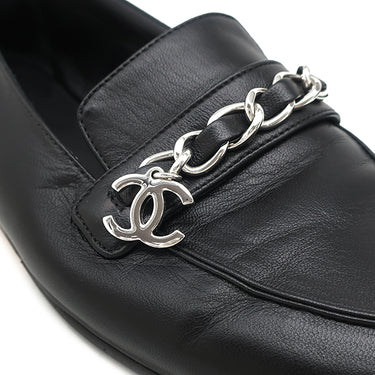 シャネル CHANEL ココマーク チェーン ローファー G34827 ブラック レザー ＃36 1/2 ローファー シルバー金具 黒
