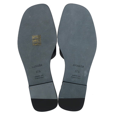 エルメス HERMES オラン H021056Z ブラック ボックスカーフ レザー #37.5 サンダル 新品 未使用 H型 黒 白ステッチ フラットサンダル