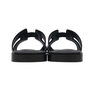 エルメス HERMES オラン H021056Z ブラック ボックスカーフ レザー #38 サンダル 新品 未使用 H型 黒 白ステッチ フラットサンダル