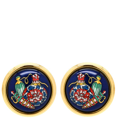 エルメス Hermes エマイユ ネイビー×マルチカラー GP 七宝焼き イヤリング ゴールド金具 紺 青 ラウンド 丸型 香水瓶 クリップ