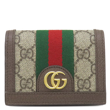 グッチ GUCCI オフィディア GG カードケース 523155 ベージュ×エボニー GGスプリームキャンバス レザー 二つ折り財布 ゴールド金具 ウェブ ストライプ