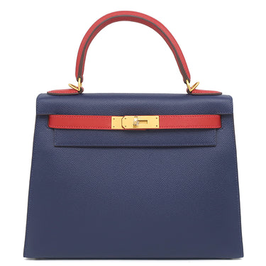 エルメス HERMES ケリー28 外縫い ブルーサフィール×ルージュカザック ヴォーエプソン 2WAYバッグ ゴールド金具 【PO品】 ハンドバッグ ショルダー