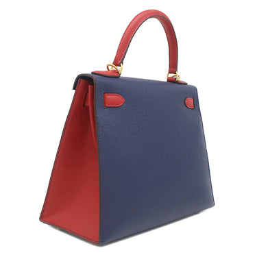 エルメス HERMES ケリー28 外縫い ブルーサフィール×ルージュカザック ヴォーエプソン 2WAYバッグ ゴールド金具 【PO品】 ハンドバッグ ショルダー