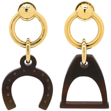 エルメス HERMES アミュレット エスケトル ブラウンXゴールド GP バッファローホーン ピアス 馬蹄 鐙