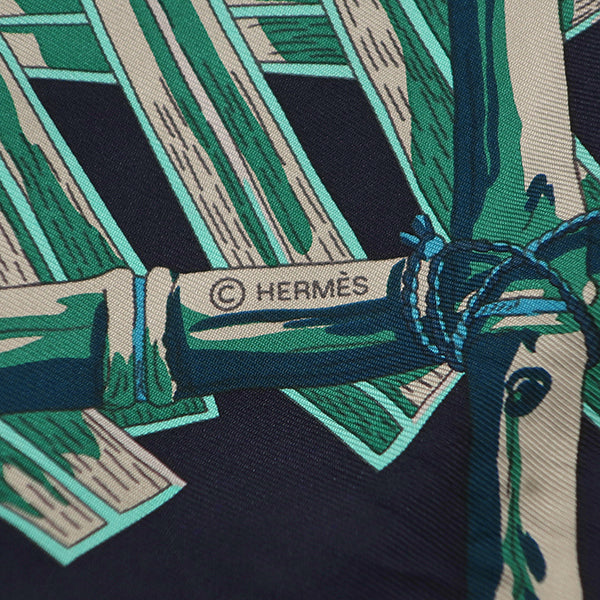 エルメス HERMES カレ90 CARRE ネイビー×グリーン×グレー シルク