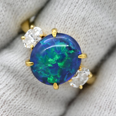ミキモト MIKIMOTO ブラックオパール ダイヤ イエローゴールド K18YG ブラックオパール ダイヤモンド リング 指輪 K18 YG 18金 カボションカット 11.5号