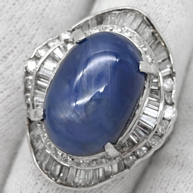 ノンブランド NON BRAND スターサファイア 26.55ct ダイヤ ブルー×プラチナシルバー Pt900 サファイア ダイヤモンド リング 指輪 青 プラチナ900 オーバルカボションカット 14号