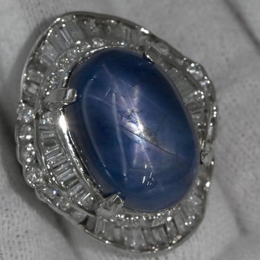 ノンブランド NON BRAND スターサファイア 26.55ct ダイヤ ブルー×プラチナシルバー Pt900 サファイア ダイヤモンド リング 指輪 青 プラチナ900 オーバルカボションカット 14号