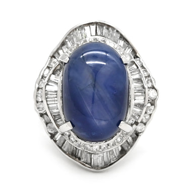 ノンブランド NON BRAND スターサファイア 26.55ct ダイヤ ブルー×プラチナシルバー Pt900 サファイア ダイヤモンド リング 指輪 青 プラチナ900 オーバルカボションカット 14号