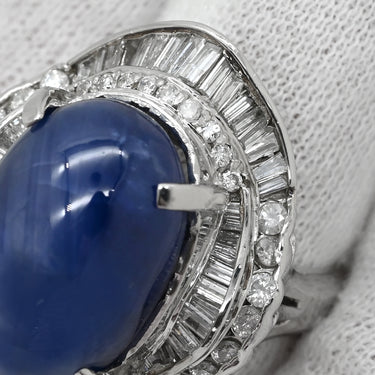 ノンブランド NON BRAND スターサファイア 26.55ct ダイヤ ブルー×プラチナシルバー Pt900 サファイア ダイヤモンド リング 指輪 青 プラチナ900 オーバルカボションカット 14号