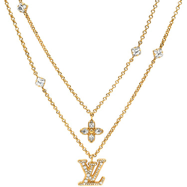 ルイヴィトン LOUIS VUITTON レディ LV M01845 ゴールド GP ストラス ラインストーン ネックレス 2連 ダブルチェーン モノグラムフラワー