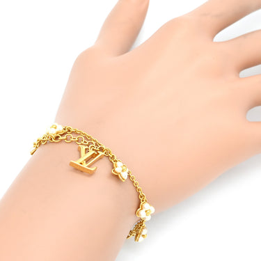 ルイヴィトン LOUIS VUITTON LVフローラグラム M0940A ホワイト×ゴールド GP フェイクパール ブレスレット LVイニシャル モノグラムフラワー