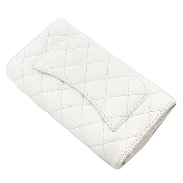 シャネル CHANEL マトラッセ ロング フラップ ウォレット ホワイト キャビアスキン 長財布 シャンパンゴールド金具 白 ココマーク