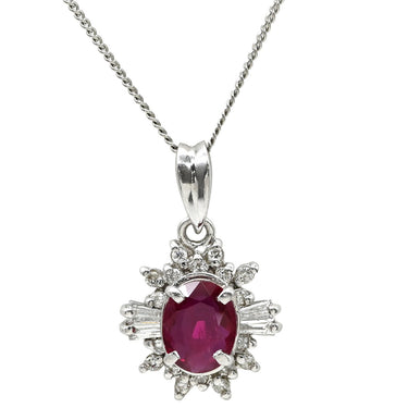 ノンブランド NON BRAND ルビー 0.70ct ダイヤモンド ペンダント レッド×プラチナシルバー Pt900 ルビー ダイヤモンド PT850(チェーン) ネックレス 赤 レッド 1石 1粒 オーバルミックスカット プラチナ フラワー