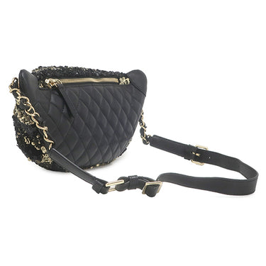 シャネル Chanel スパンコール ボディバッグ ブラック×ゴールド スパンコール レザー ウエストバッグ ガンメタル金具 黒 ベルトバッグ ココマーク
