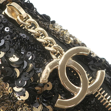 シャネル Chanel スパンコール ボディバッグ ブラック×ゴールド スパンコール レザー ウエストバッグ ガンメタル金具 黒 ベルトバッグ ココマーク