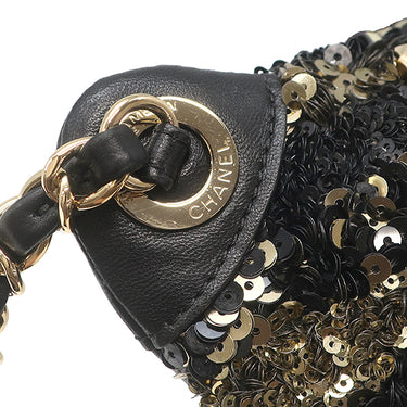シャネル Chanel スパンコール ボディバッグ ブラック×ゴールド スパンコール レザー ウエストバッグ ガンメタル金具 黒 ベルトバッグ ココマーク
