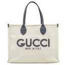 グッチ Gucci ロゴ プリント 772176 ベージュ×ネイビー キャンバス レザー トートバッグ シルバー金具 肩掛け ショルダー 白 紺