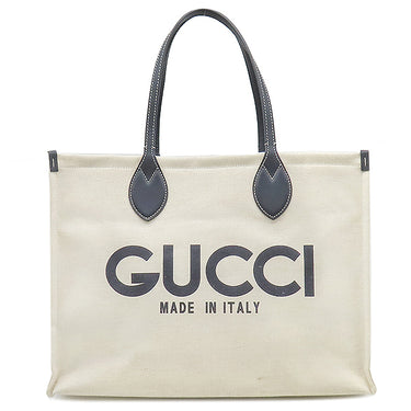 グッチ Gucci ロゴ プリント 772176 ベージュ×ネイビー キャンバス レザー トートバッグ シルバー金具 肩掛け ショルダー 白 紺