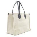 グッチ Gucci ロゴ プリント 772176 ベージュ×ネイビー キャンバス レザー トートバッグ シルバー金具 肩掛け ショルダー 白 紺