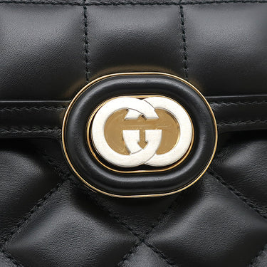 グッチ GUCCI デコ ミニ チェーンショルダー 741457 ブラック レザー ショルダーバッグ シルバー金具 インターロッキング ゴールド×シルバー キルティング
