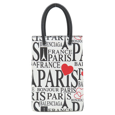 バレンシアガ BALENCIAGA ボンジュールパリ ショッピング フォンホルダー 593826 1BW5N ホワイト×ブラック レザー ショルダーバッグ シルバー金具 白 黒