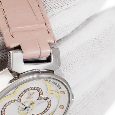 腕時計 ルイヴィトン LOUIS VUITTON タンブール ムーン ディヴァイン QA017Z クオーツ レディース 純正ダイヤ シェル モノグラムフラワー