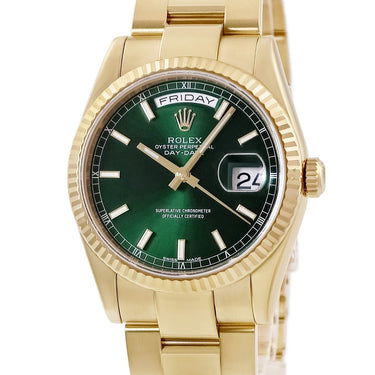 腕時計 ロレックス ROLEX デイデイト 36 118238 P番 自動巻き メンズ メーカーOH済 P番 K18YG無垢 グリーン フルーテッドベゼル